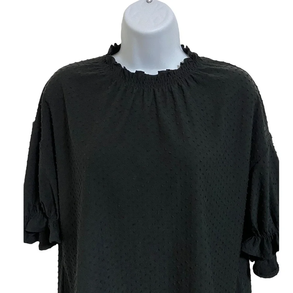 Madewell Clipdot Mock‎ Neck Ruffle Top Black Classic Blouse Short Sleeve Size XS